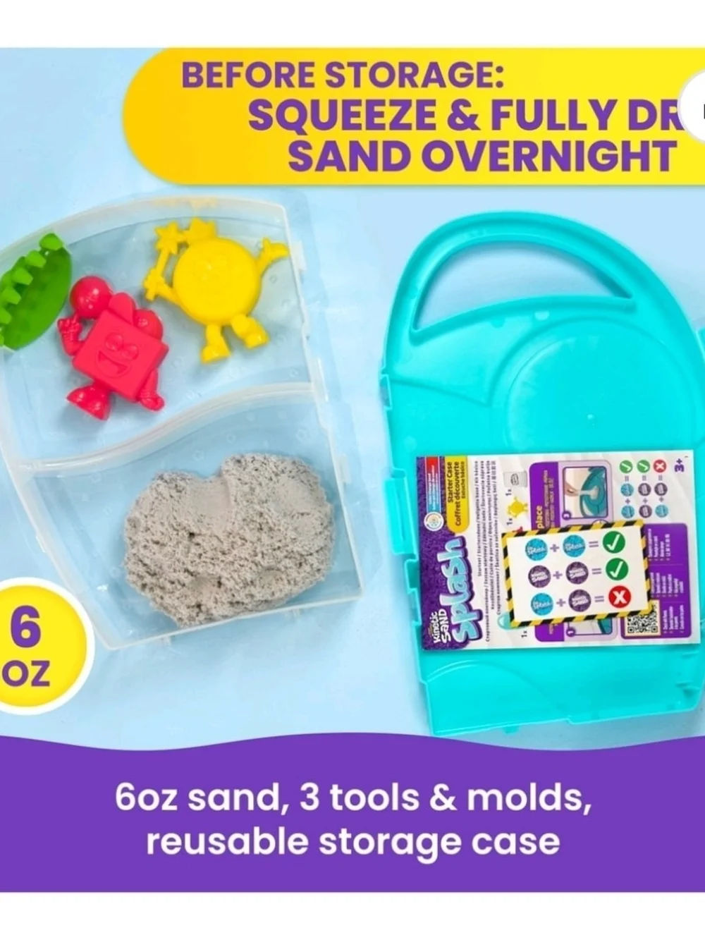 Kinetic Sand, Splash Starter Case with 6oz Color-Change Play Sand, 3 Tools Molds